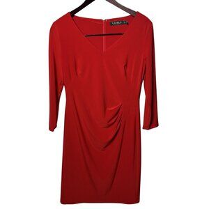Lauren Ralph Lauren Red Dress 8P Petite Sheath Ruched V-Neck Porsche Chic Look